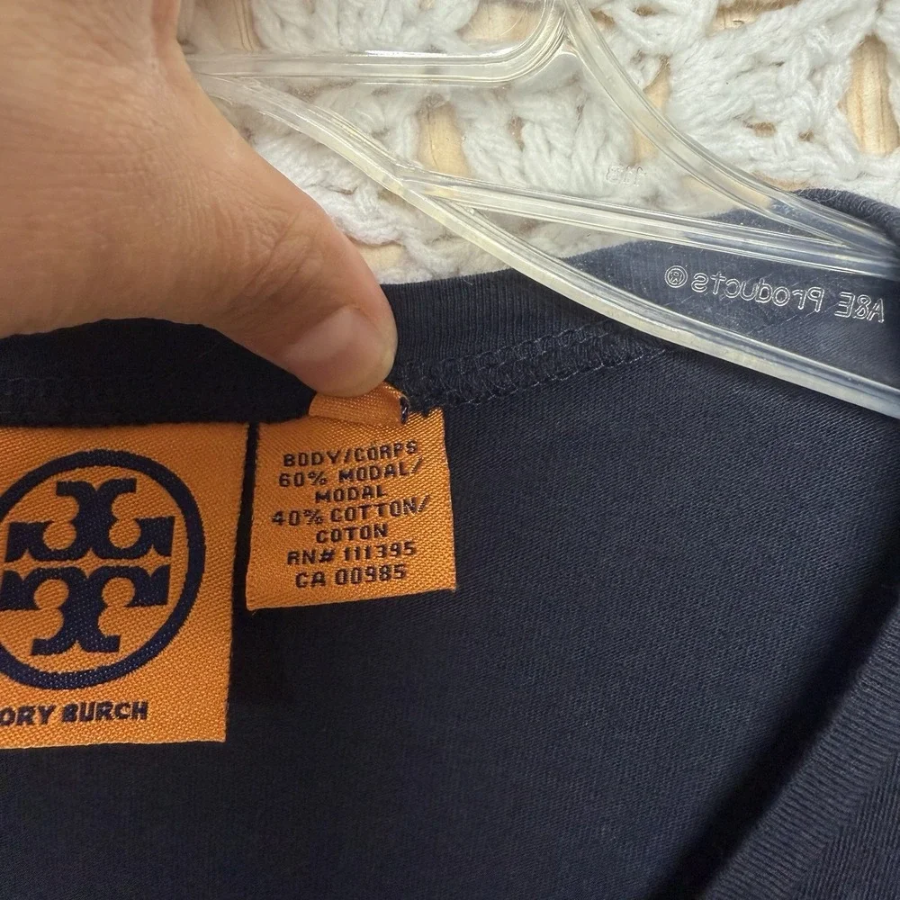 Tory Burch Top Shirt Size M Navy Blue 3/4 Sleeve‎  Bling Cotton Modal  Blouse